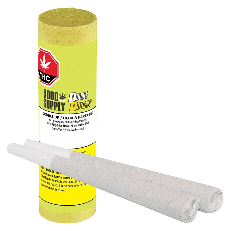 Front view of the "Double Dutchies: Double Up Pre Rolled 2 x 1 g" packaging with a black and gold label against a white background.