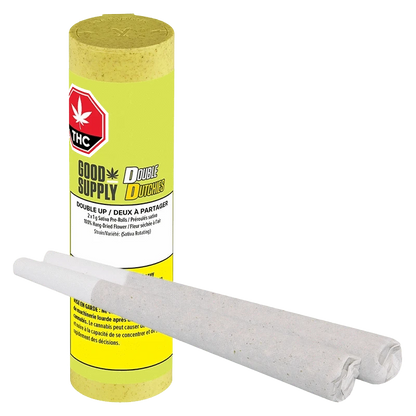 Front view of the "Double Dutchies: Double Up Pre Rolled 2 x 1 g" packaging with a black and gold label against a white background.