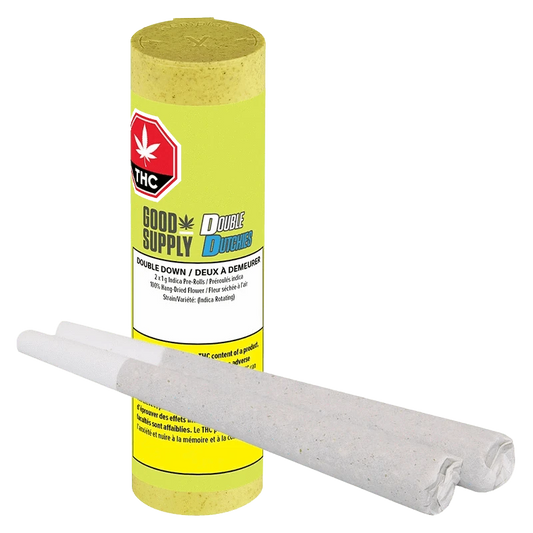 A close-up of the Double Dutchies: Double Down Pre Rolled 2 x 1 g pre-rolls against a black background with prominent branding.