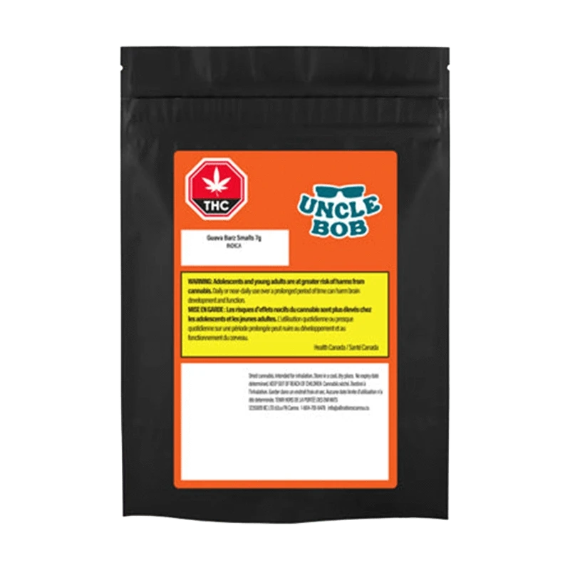 Front view of the Guava Barz Smalls packaging, featuring bold text on a black background with the brand’s logo.