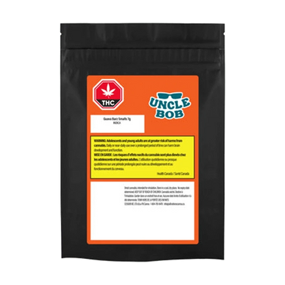 Front view of the Guava Barz Smalls packaging, featuring bold text on a black background with the brand’s logo.