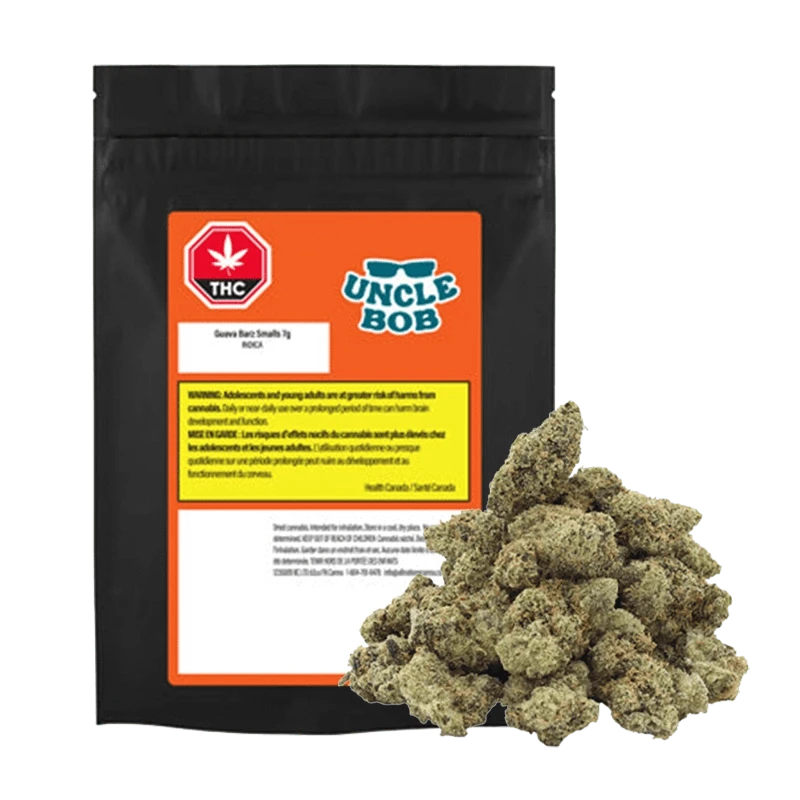 Close-up of Guava Barz Smalls buds, a tightly-packed arrangement of green and brown cannabis flowers.