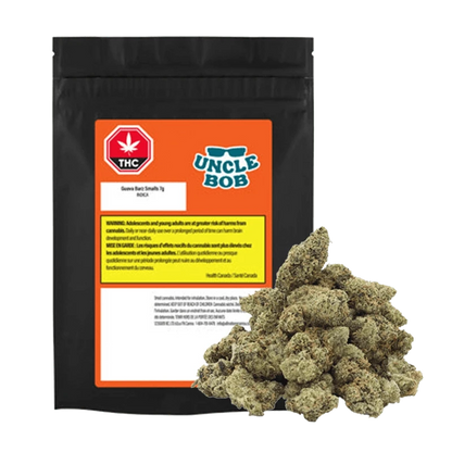 Close-up of Guava Barz Smalls buds, a tightly-packed arrangement of green and brown cannabis flowers.