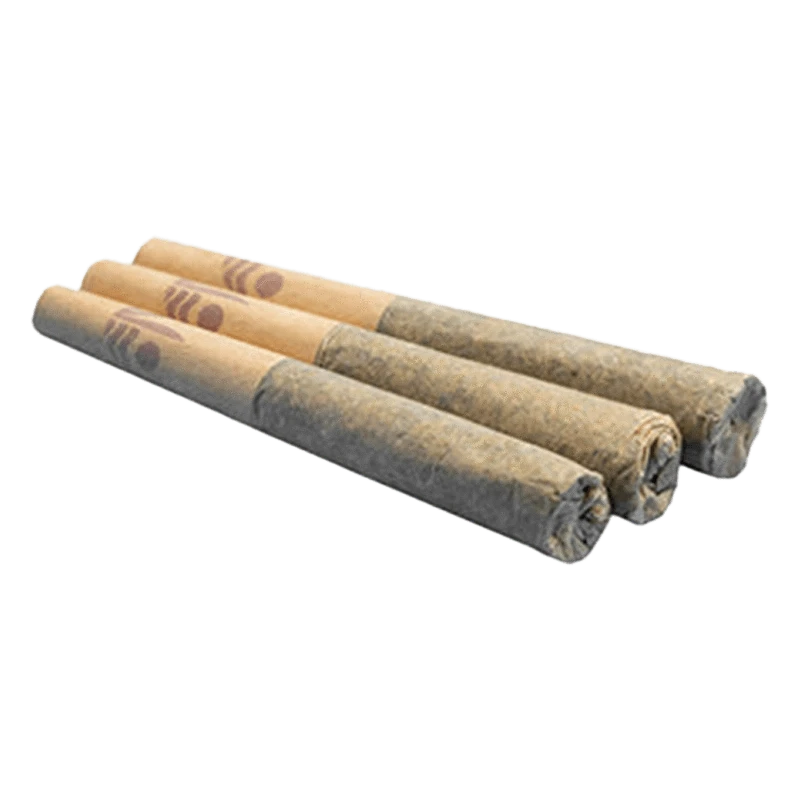 A close-up, angled view of three Rockstar Pre Rolled 0.5 g pre-rolls, showcasing their cylindrical shape and paper wrapping.