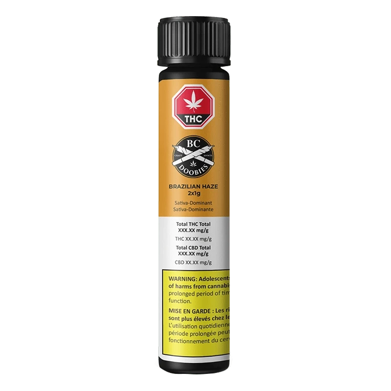 Front-facing shot of the cylindrical tube packaging labeled "Brazilian Haze PR 2 x 1 g" with a gold and white label, warning panel, and black screw cap.