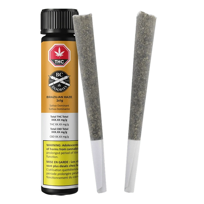 Front view of the “Brazilian Haze Pre Rolled 2 x 1 g” package, displaying product details against a dark background.