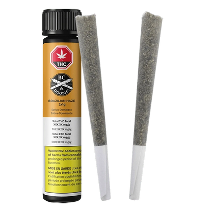 Front view of the “Brazilian Haze Pre Rolled 2 x 1 g” package, displaying product details against a dark background.
