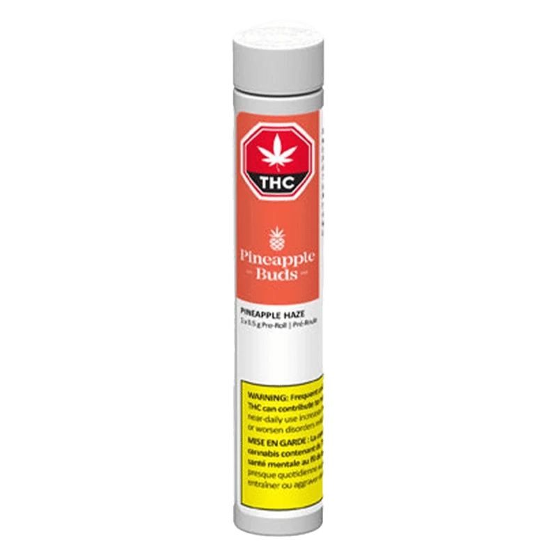 Close-up of the Pineapple Haze Pre Rolled 1 x 0.5 g package, displaying the brand logo and product details in a vertical format.