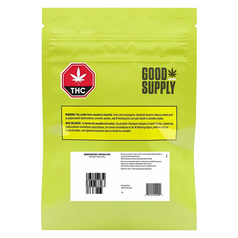Front view of the “Brand New Buds” packaging with a warning about harmful chemicals also found in tobacco smoke.