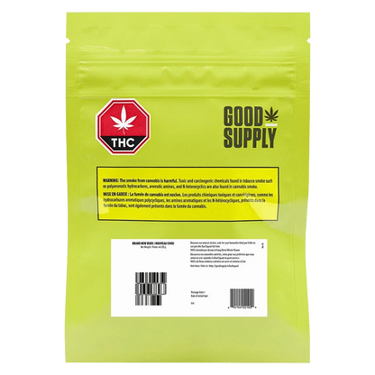 Front view of the “Brand New Buds” packaging with a warning about harmful chemicals also found in tobacco smoke.