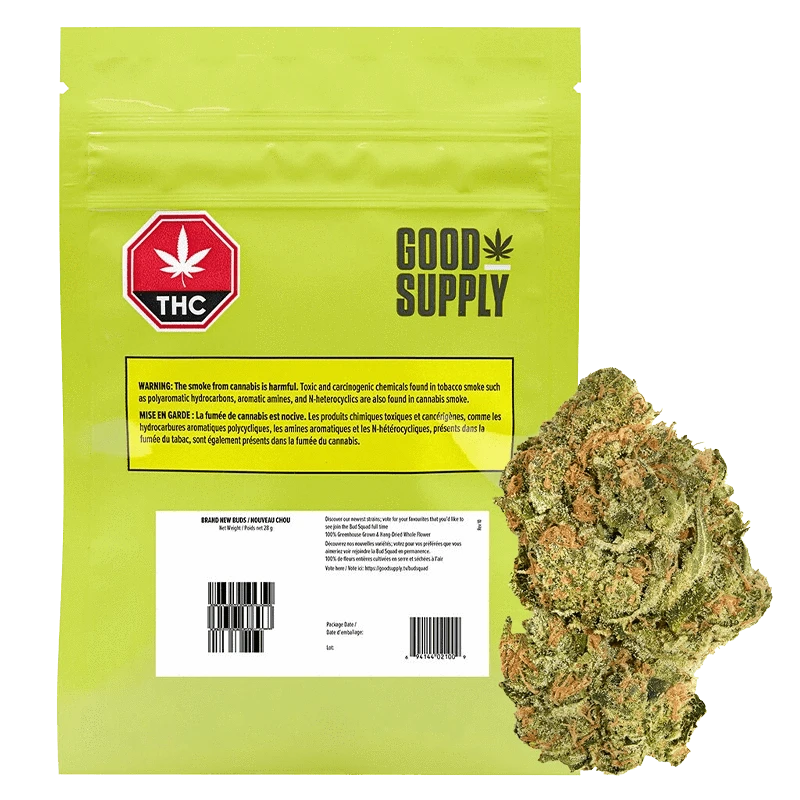 Front view of the Brand New Buds package with a green logo and text warning about carcinogens in cannabis smoke.