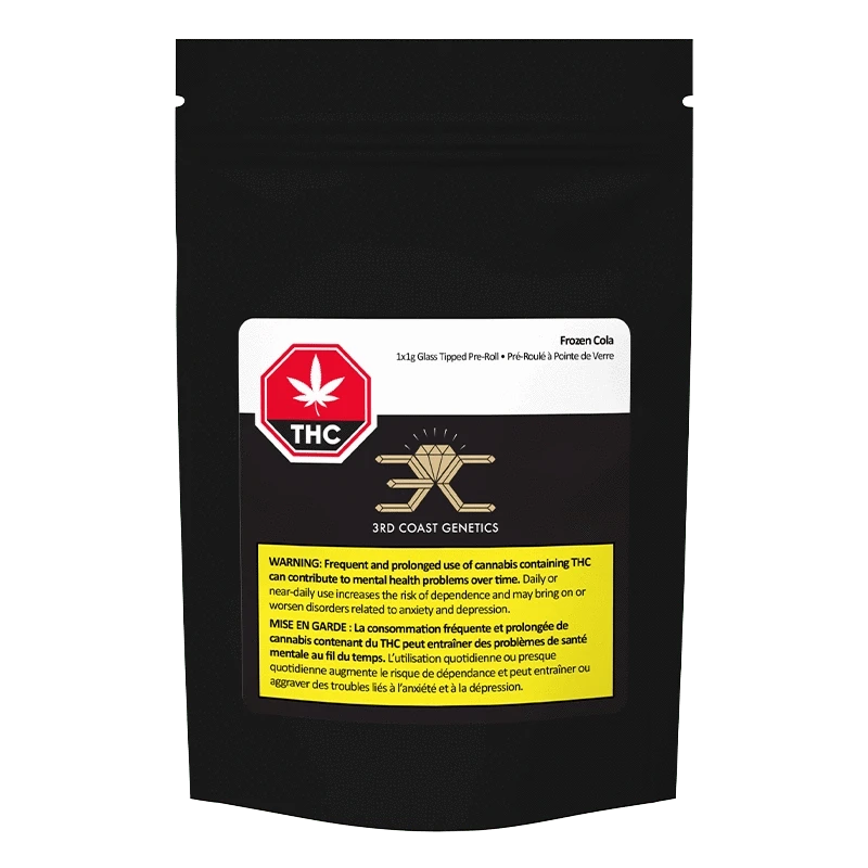 Frozen Cola Glass Tip Pre Rolled 1 x 1 g, a close-up view of a rolled tip with a cannabis leaf against a dark background.