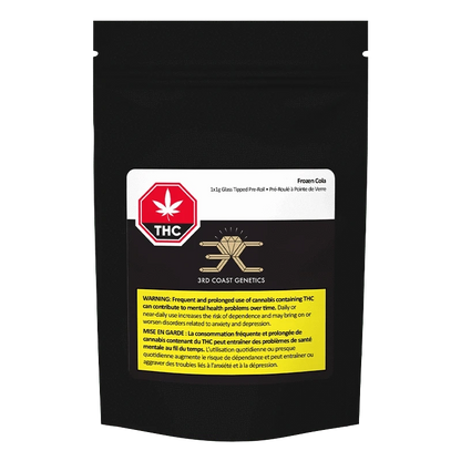 Frozen Cola Glass Tip Pre Rolled 1 x 1 g, a close-up view of a rolled tip with a cannabis leaf against a dark background.