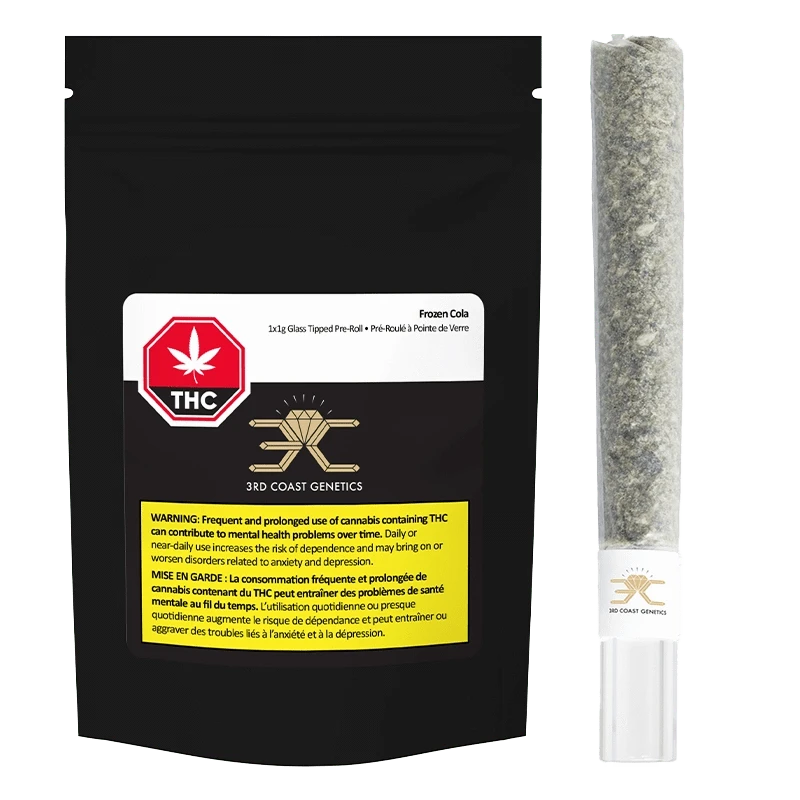 Front view of the Frozen Cola Glass Tip 1 x 1 g, displaying a warning against potential health risks.