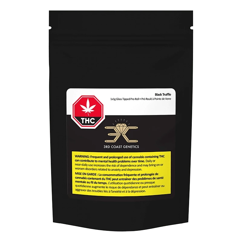 Black Truffle Glass Tip Pre Rolled 1 x 1 g, viewed from above, highlights a warning against prolonged THC use.