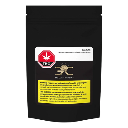 Black Truffle Glass Tip Pre Rolled 1 x 1 g, viewed from above, highlights a warning against prolonged THC use.