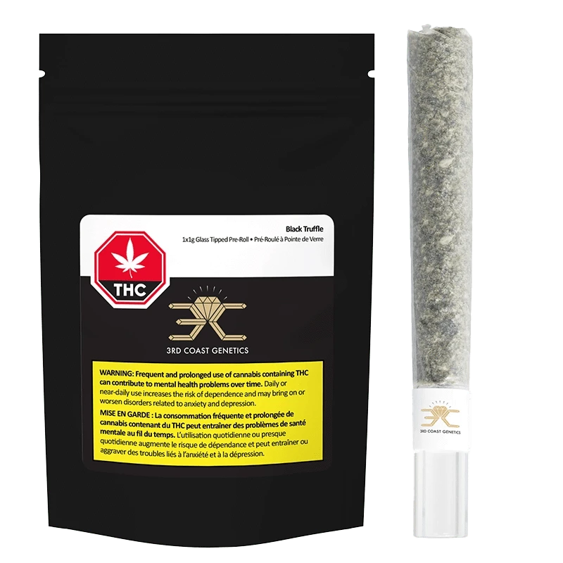 Front view of the Black Truffle Glass Tip Pre Rolled 1 x 1 g against a dark background, displaying warning text in French.