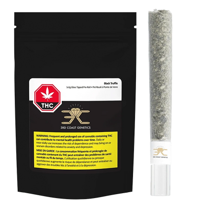 Front view of the Black Truffle Glass Tip Pre Rolled 1 x 1 g against a dark background, displaying warning text in French.