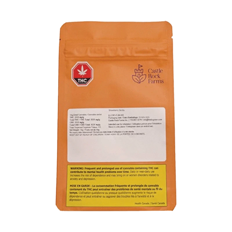 Front view of the sealed package for Strawberry Skrilla, displaying text and branding with a leafy green design on a white background.