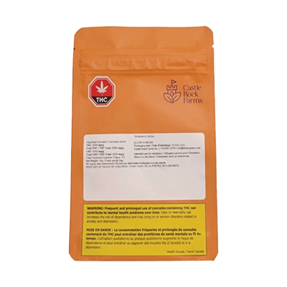 Front view of the sealed package for Strawberry Skrilla, displaying text and branding with a leafy green design on a white background.