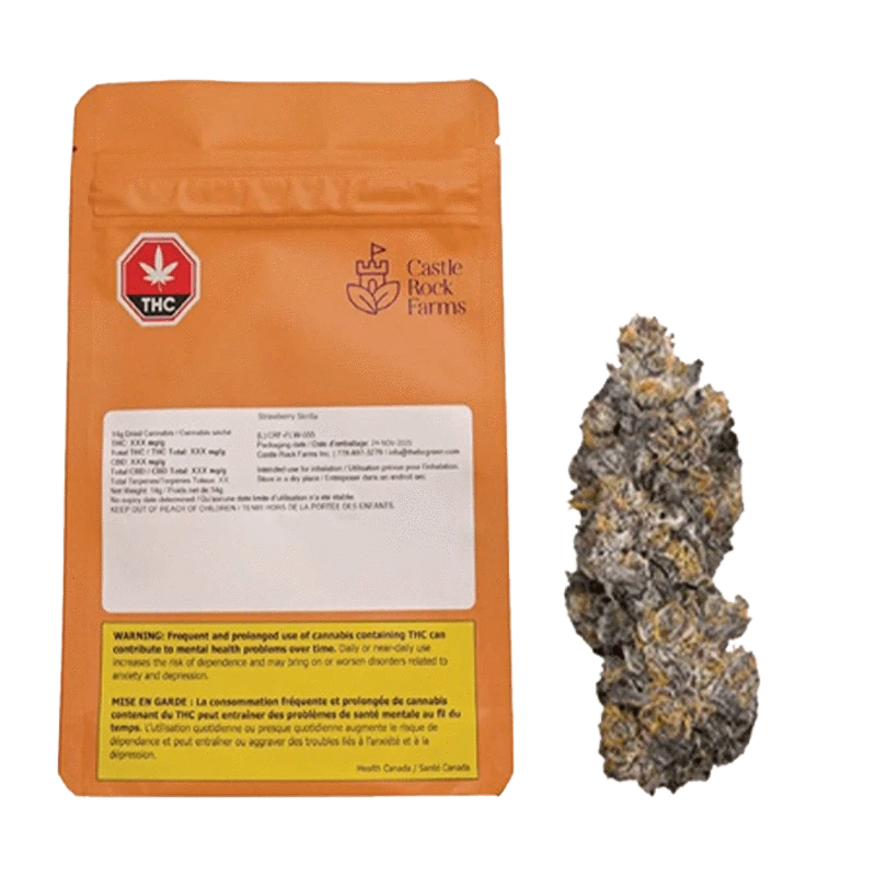 Close-up of Strawberry Skrilla, showing a cannabis bud with dark and light green shades against a white background.