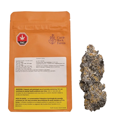 Close-up of Strawberry Skrilla, showing a cannabis bud with dark and light green shades against a white background.