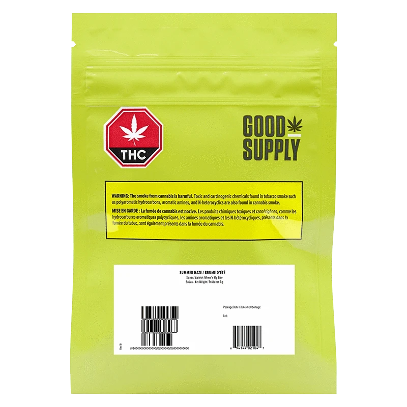 Front view of the “Summer Haze” package with a black background and white lettering, displaying a warning message.