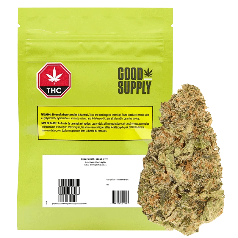 Close-up of the Good Supply Summer Haze packaging with a warning label in French against a white background.