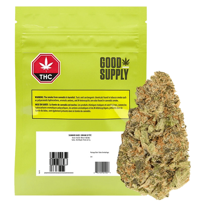 Close-up of the Good Supply Summer Haze packaging with a warning label in French against a white background.