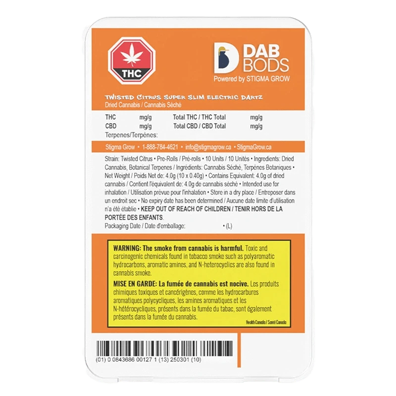 Twisted Citrus Super Slim Electric Dartz Pre Rolled 10 x 0.4 g packaging displays cannabis content information in a close-up shot.