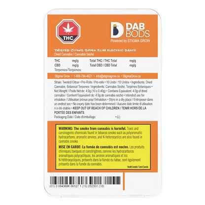 Twisted Citrus Super Slim Electric Dartz Pre Rolled 10 x 0.4 g packaging displays cannabis content information in a close-up shot.