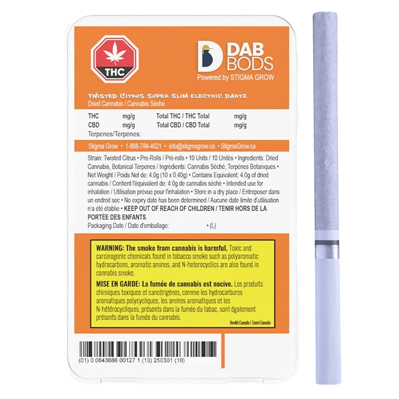 Twisted Citrus Super Slim Electric Dartz Pre Rolled shows a close-up of packaging with French text and branding details against a dark background.