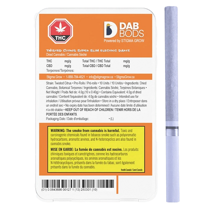 Twisted Citrus Super Slim Electric Dartz Pre Rolled shows a close-up of packaging with French text and branding details against a dark background.