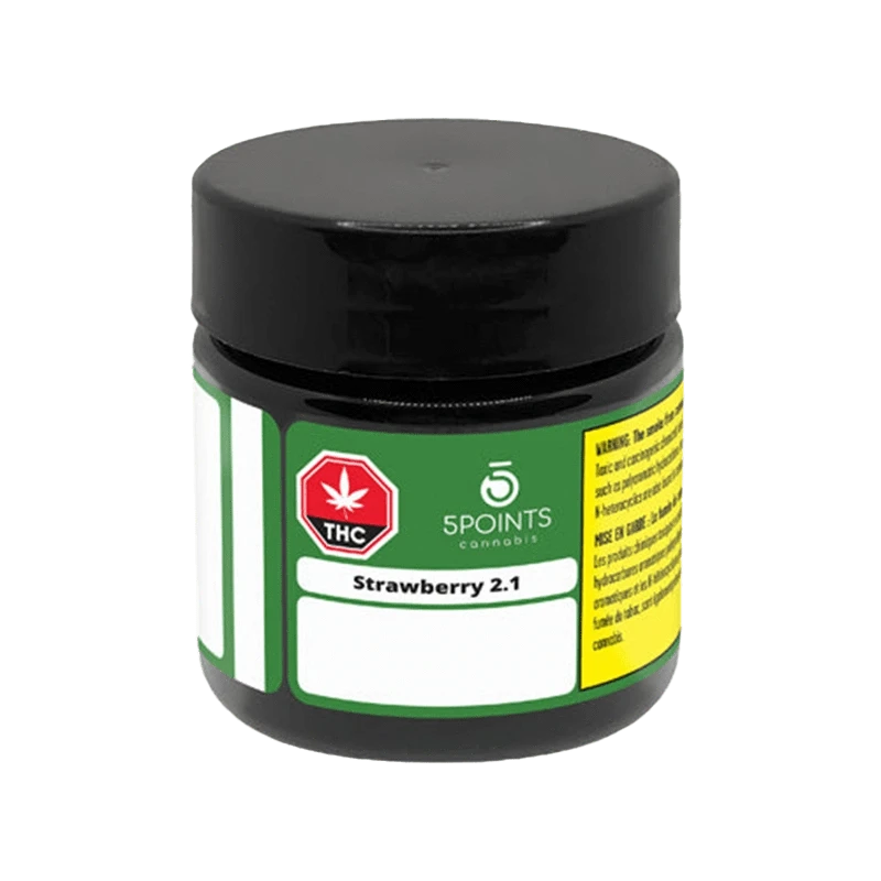 Front view of the Strawberry 2.1 container with a white label and black text, on a dark background.