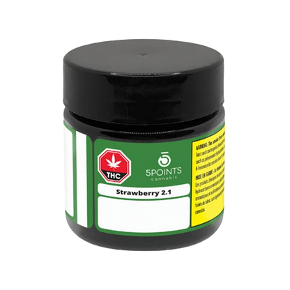 Front view of the Strawberry 2.1 container with a white label and black text, on a dark background.