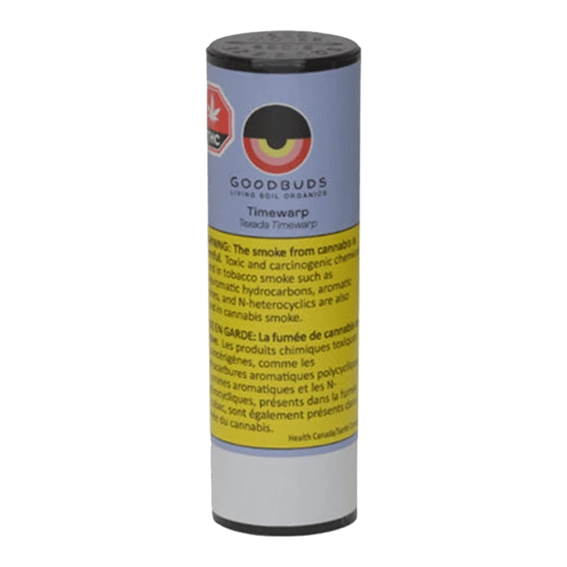 Front view of the Timewarp Pre Rolled 1 x 1 g package with a green and white label, showing the brand name and product details.