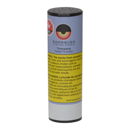 Front view of the Timewarp Pre Rolled 1 x 1 g package with a green and white label, showing the brand name and product details.