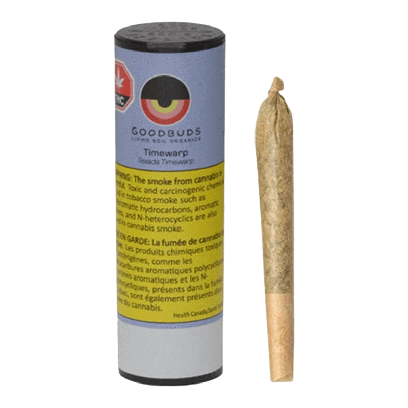 Close-up of a lit Timewarp Pre Rolled 1 x 1 g joint, showing smoke rising against a dark background.