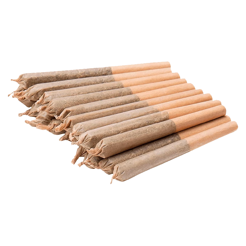 A top-down view of the Indica Jar of Js Pre Rolled 20 x 0.35 g, displaying twenty pre-rolled joints arranged closely together.