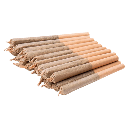 A top-down view of the Indica Jar of Js Pre Rolled 20 x 0.35 g, displaying twenty pre-rolled joints arranged closely together.