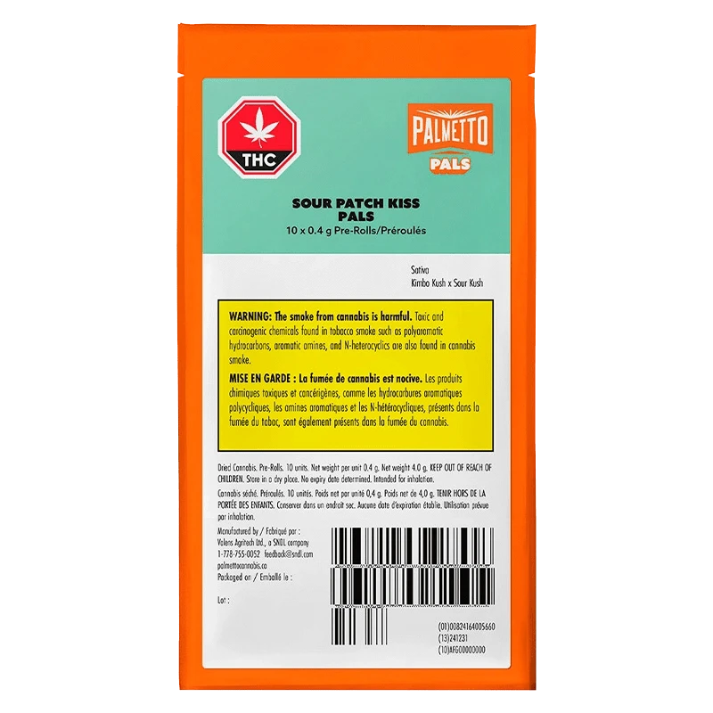 Front view of the Sour Patch Kiss Pals Pre Rolled 10 x 0.4 g package with a red and white design, displaying warning text about cannabis use.