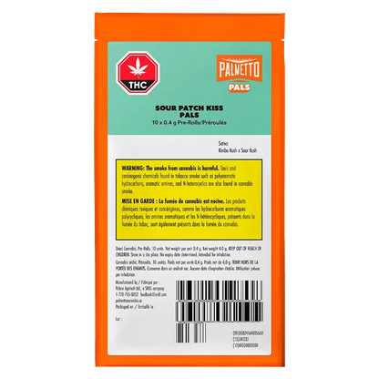 Front view of the Sour Patch Kiss Pals Pre Rolled 10 x 0.4 g package with a red and white design, displaying warning text about cannabis use.