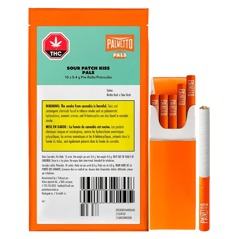 Front view of the Sour Patch Kiss Pals Pre Rolled packaging, displaying a warning label against a black background.