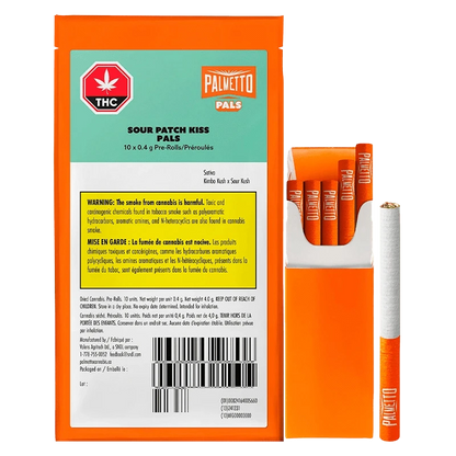 Front view of the Sour Patch Kiss Pals Pre Rolled packaging, displaying a warning label against a black background.