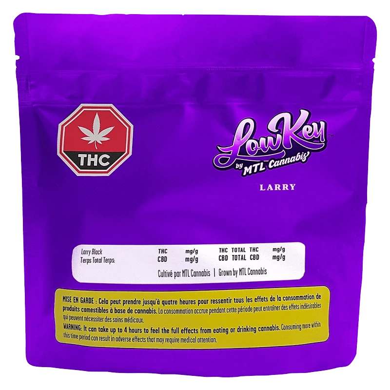 Front view of the Larry by MTL cannabis packaging with bold lettering and a colorful logo on a black background.