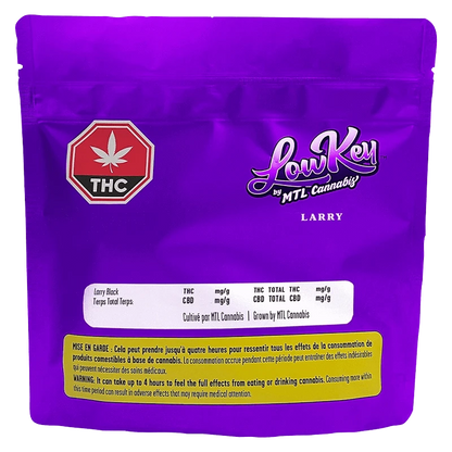 Front view of the Larry by MTL cannabis packaging with bold lettering and a colorful logo on a black background.