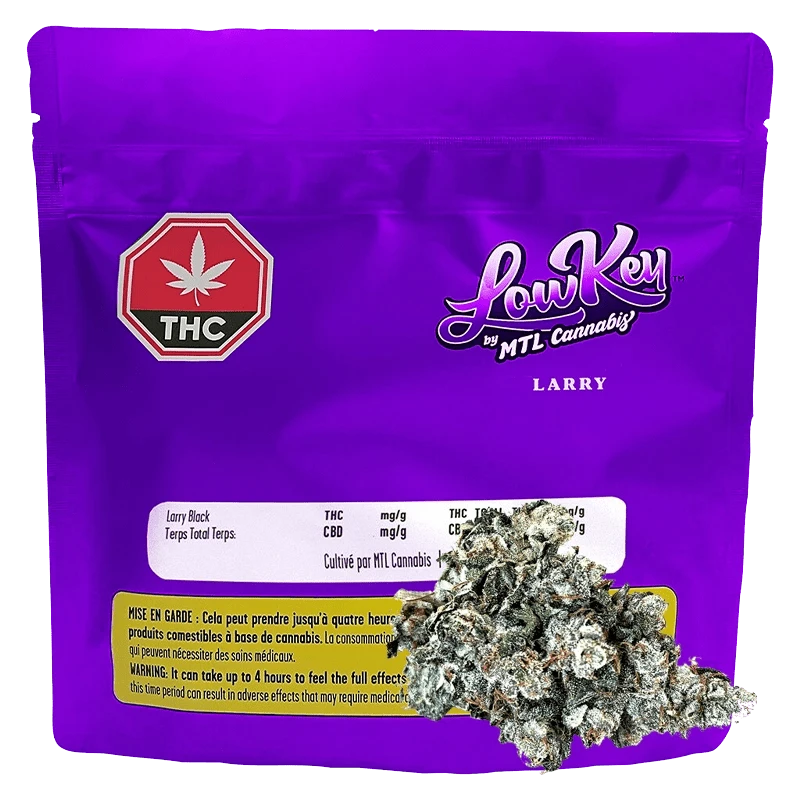 A close-up of the Larry by MTL Cannabis packaging, featuring bold lettering on a white background.