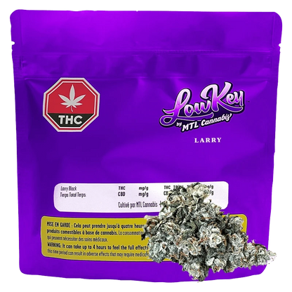 A close-up of the Larry by MTL Cannabis packaging, featuring bold lettering on a white background.