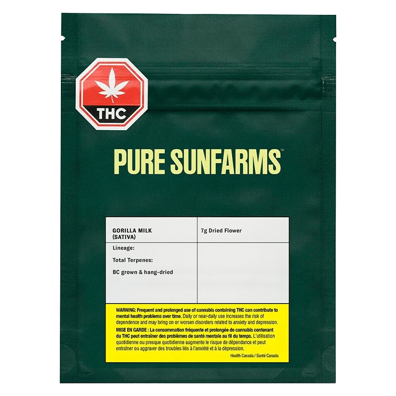 A close-up of the Pure Gorilla Milk packaging, displaying the title details and a cannabis leaf symbol against a dark background.