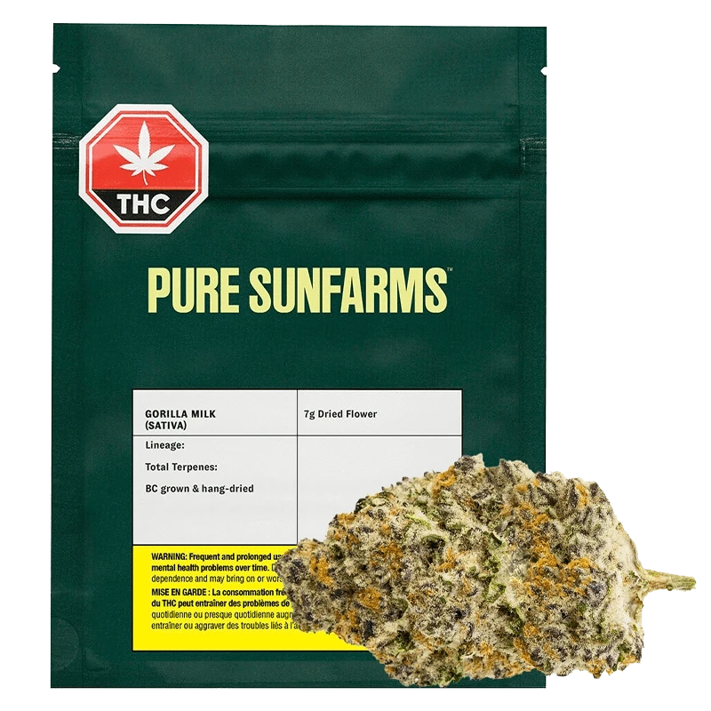 A close-up of the Pure Sunfarms Gorilla Milk package shows the product title and branding on a white background.